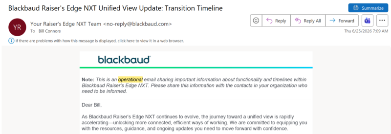 Sample of an operational email from Blackbaud